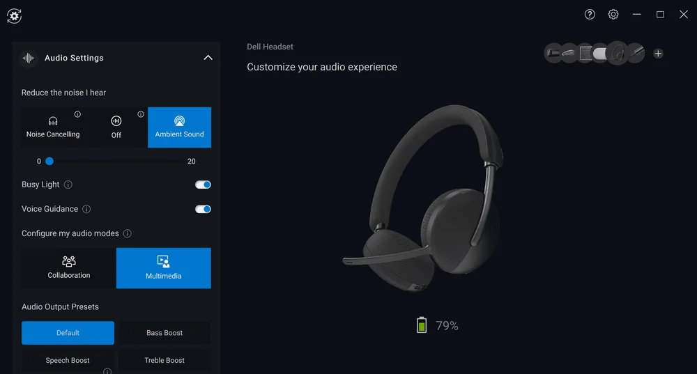 Headset audio settings: ambient sound, audio modes and presets, with the battery level