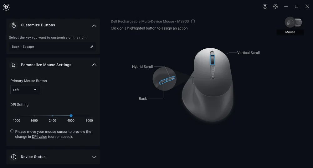 Mouse settings: customizable buttons, pointer speed and scroll