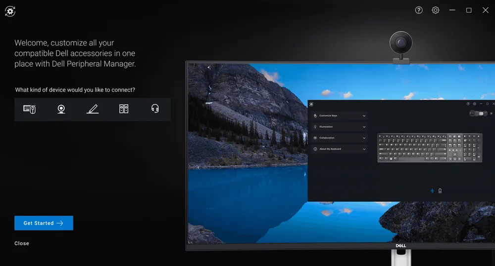 Dell Peripheral Manager welcome screen, detecting a keyboard, mouse and webcam